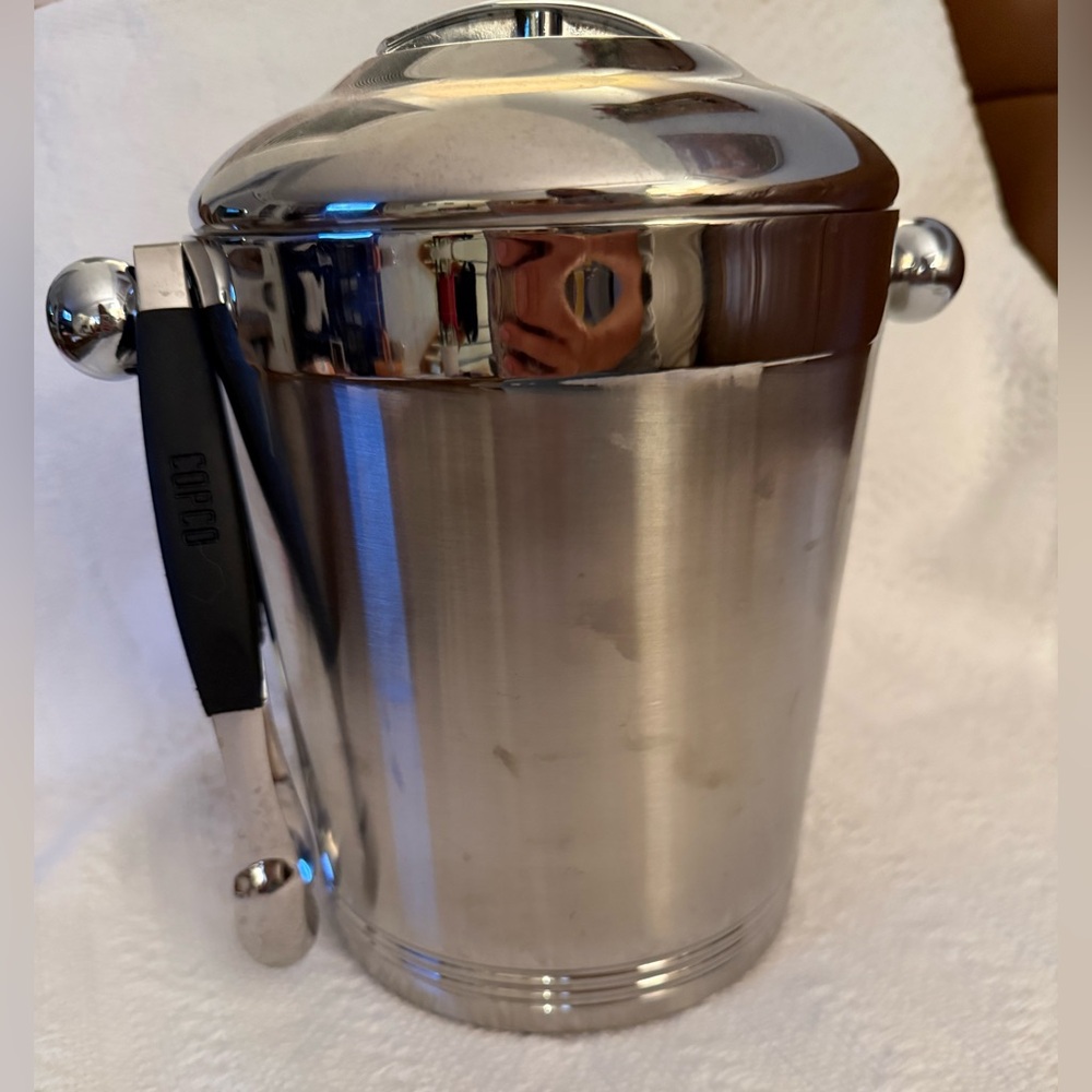COPCO Vtg Mid Century Modern Stainless Ice Bucket Bar Shiny Chrome Lid Tongs